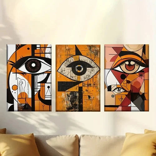 3pcs Seeing Eye Abstract Orange & Black Wall Art Set Canvas Framed 60x90cm - High Quality Print 100% Australian Made Wall Canvas Ready to Hang