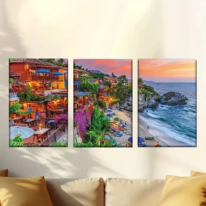 3pcs Sunset Beach Scene with Tropical Bar & Ocean Wall Art Canvas Unframed – High Quality Print 100% Australian Made Wall Canvas