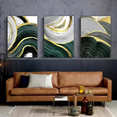 3pcs Gold Green Marble Line Wall Art Set Canvas Unframed - High Quality Print 100% Australian Made Wall Canvas - Bella Home Decor