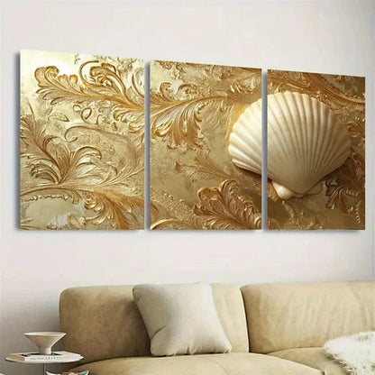 3pcs Elegant Sea Shell on Golden Filigree Wall Art Set Canvas Framed 40x60cm - High Quality Print 100% Australian Made Wall Canvas Ready to Hang