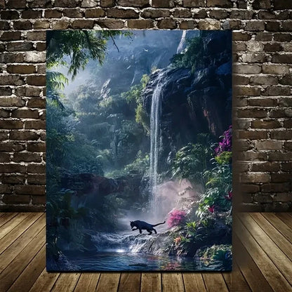 Beautiful Vibrant Panther & Waterfall Scene Painting 40x60cm Metal Print Ready to Hang - Bella Home Decor