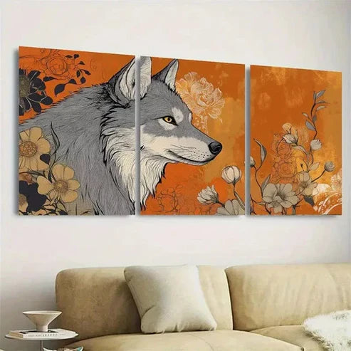 3pcs Nouveau Gray Wolf Sideways with Floral Wall Art Set Canvas Unframed - High Quality Print 100% Australian Made Wall Canvas - Bella Home Decor