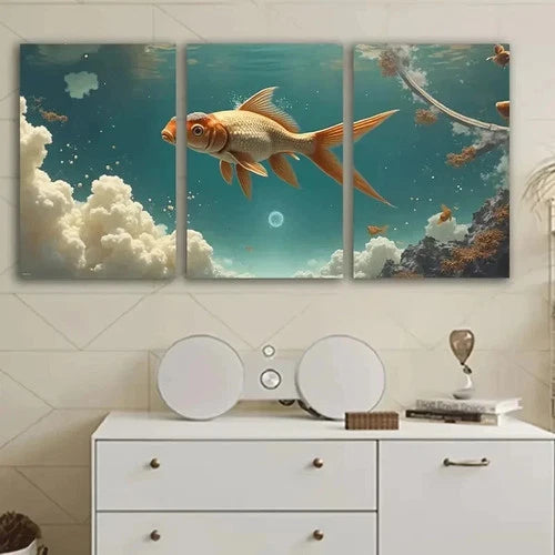 3pcs Goldfish Ocean Clouds Abstract Wall Art Set Canvas Framed 50x70cm - High Quality Print 100% Australian Made Wall Canvas Ready to Hang - Bella Home Decor