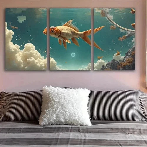3pcs Goldfish Ocean Clouds Abstract Wall Art Set Canvas Framed 50x70cm - High Quality Print 100% Australian Made Wall Canvas Ready to Hang - Bella Home Decor