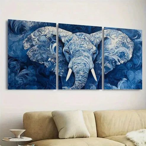 3pcs Blue Elephant Wall Art Set Canvas Unframed - High Quality Print 100% Australian Made Wall Canvas - Bella Home Decor