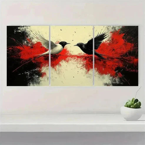 3pcs Black White and Red Birds  Wall Art Set Canvas Unframed - High Quality Print 100% Australian Made Wall Canvas - Bella Home Decor