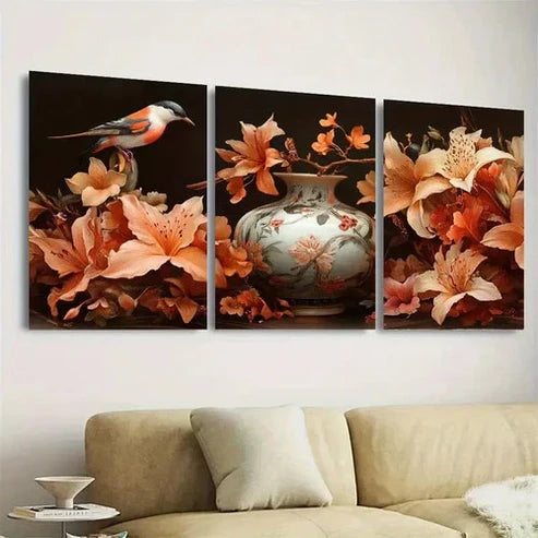 3pcs Vibrant Bird & Floral Vase Wall Art Set Canvas Unframed - High Quality Print 100% Australian Made Wall Canvas - Bella Home Decor