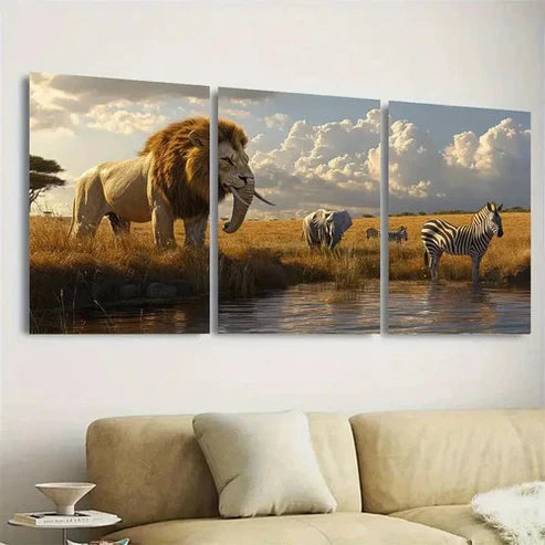 3pcs Majestic Lion, Elephant & Zebra Wall Art Set Canvas Unframed - High Quality Print 100% Australian Made Wall Canvas - Bella Home Decor