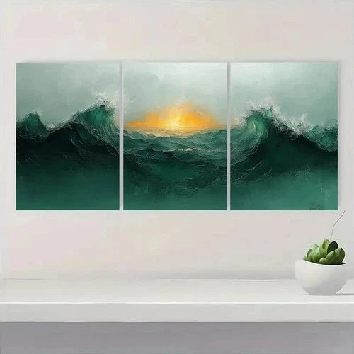 3pcs Green Minimalist Waves & Sunset E y Wall Art Set Canvas Framed 40x60cm - High Quality Print 100% Australian Made Wall Canvas Ready to Hang