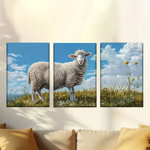 3pcs Sheep in a Field of Flowers Wall Art Canvas Unframed – High Quality Print 100% Australian Made Wall Canvas