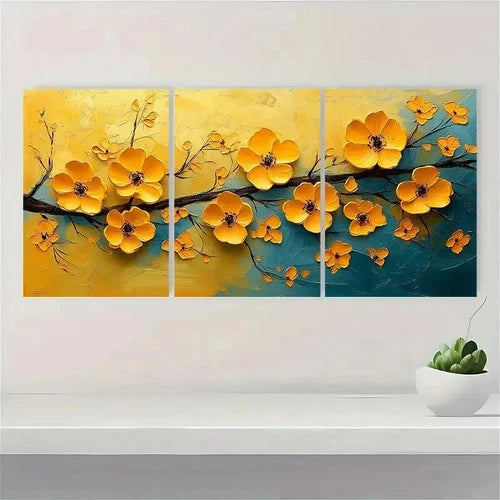 3pcs Abstract Painting Yellow Floral DU  Wall Art Set Canvas Framed 50x70cm - High Quality Print 100% Australian Made Wall Canvas Ready to Hang - Bella Home Decor