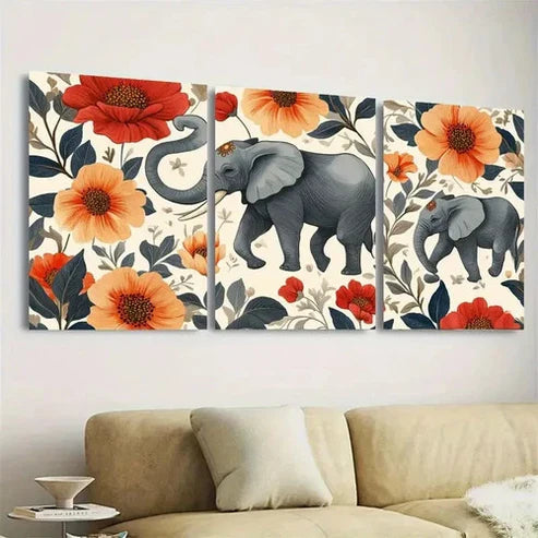 3pcs Elephants and Flowers Wall Art Set Canvas Unframed – High Quality Print 100% Australian Made Wall Canvas - Bella Home Decor