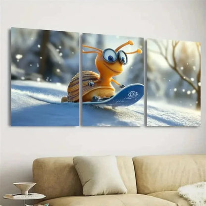 3pcs Whimsical Snowboarding Snail Wall Art Set Canvas Framed 60x90cm - High Quality Print 100% Australian Made Wall Canvas Ready to Hang