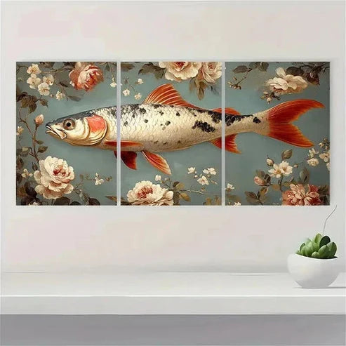 3pcs Vintage Fish Print on Neutral Floral  Wall Art Set Canvas Unframed - High Quality Print 100% Australian Made Wall Canvas - Bella Home Decor