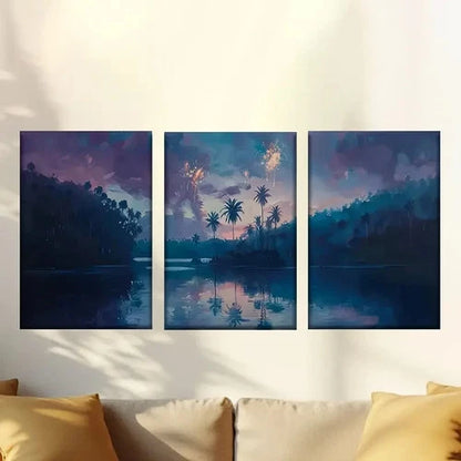 3pcs Enchanting Sunset Fireworks & Serene Lake Wall Art Set Canvas Framed 40x60cm - High Quality Print 100% Australian Made Wall Canvas Ready to Hang