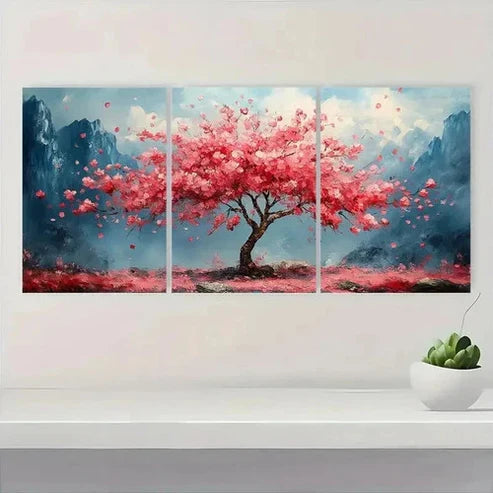 3pcs Pink Sakura Tree & Mountain Landscape  Wall Art Set Canvas Unframed - High Quality Print 100% Australian Made Wall Canvas - Bella Home Decor