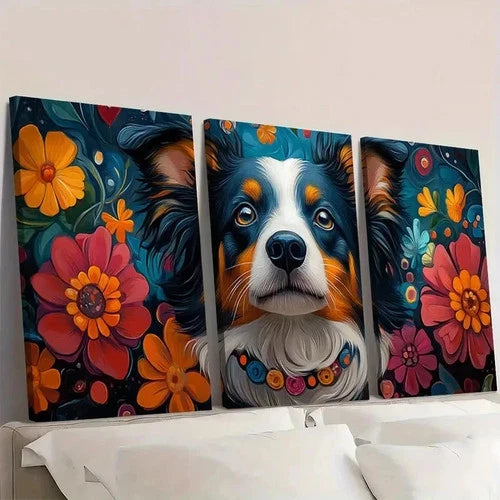3pcs Vibrant Dog Floral & Jewelry Design F  Wall Art Set Canvas Framed 50x70cm - High Quality Print 100% Australian Made Wall Canvas Ready to Hang