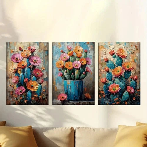 3pcs Vibrant Cactus & Flower Design Blue Pot Wall Art Set Canvas Framed 40x60cm - High Quality Print 100% Australian Made Wall Canvas Ready to Hang
