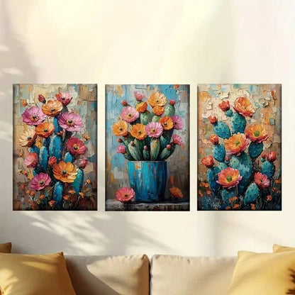 3pcs Vibrant Cactus & Flower Design Blue Pot Wall Art Set Canvas Framed 40x60cm - High Quality Print 100% Australian Made Wall Canvas Ready to Hang