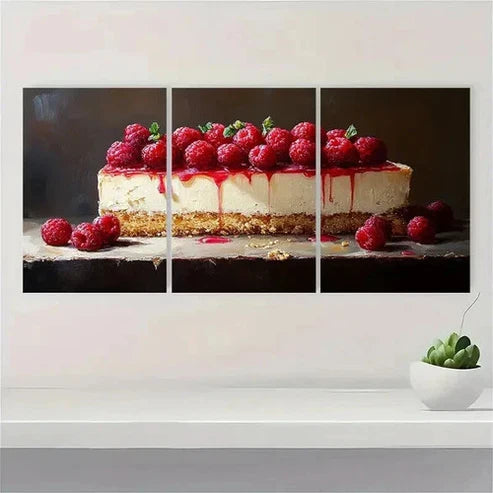 3pcs Cheesecake Prints Realistic Raspbery Wall Art Set Canvas Unframed - High Quality Print 100% Australian Made Wall Canvas