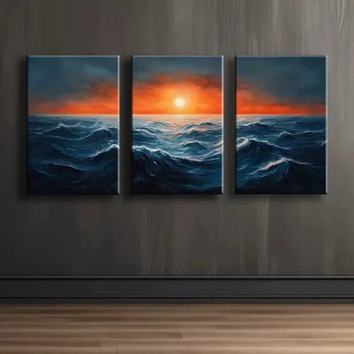3pcs Abstract Ocean Waves And Sun Wall Art Set Canvas Framed 50x70cm - High Quality Print 100% Australian Made Wall Canvas Ready to Hang - Bella Home Decor