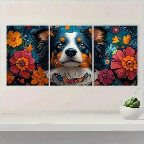3pcs Vibrant Dog Floral & Jewelry Design  Wall Art Set Canvas Unframed - High Quality Print 100% Australian Made Wall Canvas - Bella Home Decor