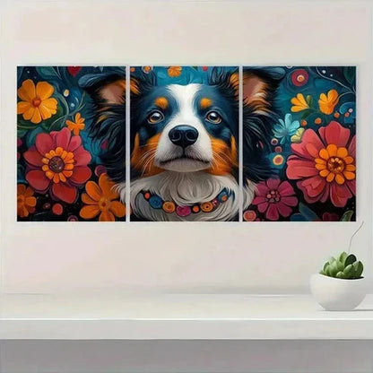 3pcs Vibrant Dog Floral & Jewelry Design  Wall Art Set Canvas Unframed - High Quality Print 100% Australian Made Wall Canvas - Bella Home Decor
