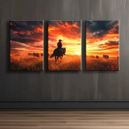 3pcs Cowboy On Horseback Illustration Wall Art Set Canvas Framed 50x70cm - High Quality Print 100% Australian Made Wall Canvas Ready to Hang - Bella Home Decor