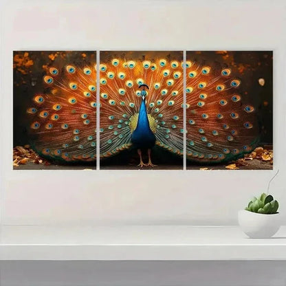 3pcs Vibrant Blue & Golden Peacock Feather R Wall Art Set Canvas Unframed - High Quality Print 100% Australian Made Wall Canvas - Bella Home Decor