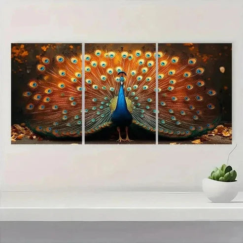 3pcs Vibrant Blue & Golden Peacock Feather R Wall Art Set Canvas Unframed - High Quality Print 100% Australian Made Wall Canvas