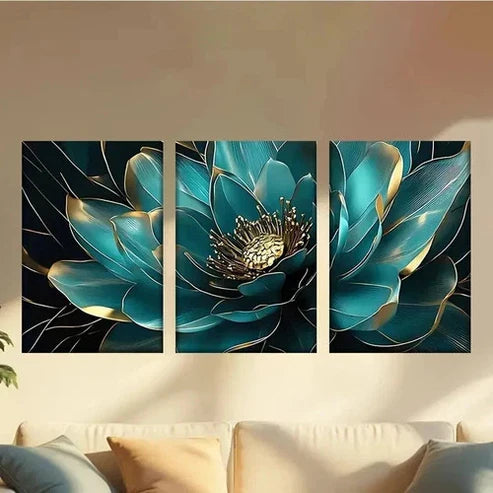 3pcs Blue Flower with Golden Leaves Wall Art Canvas Unframed – High Quality Print 100% Australian Made Wall Canvas - Bella Home Decor