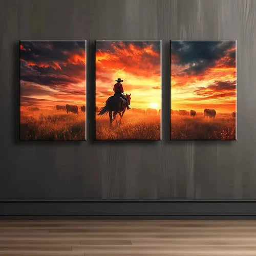3pcs Cowboy On Horseback Illustration Wall Art Set Canvas Framed 60x90cm - High Quality Print 100% Australian Made Wall Canvas Ready to Hang - Bella Home Decor