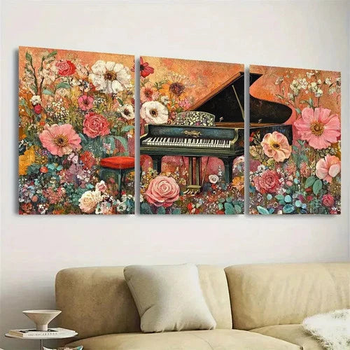 3pcs Enchanting Piano & Floral Wall Art Set Canvas Framed 40x60cm - High Quality Print 100% Australian Made Wall Canvas Ready to Hang