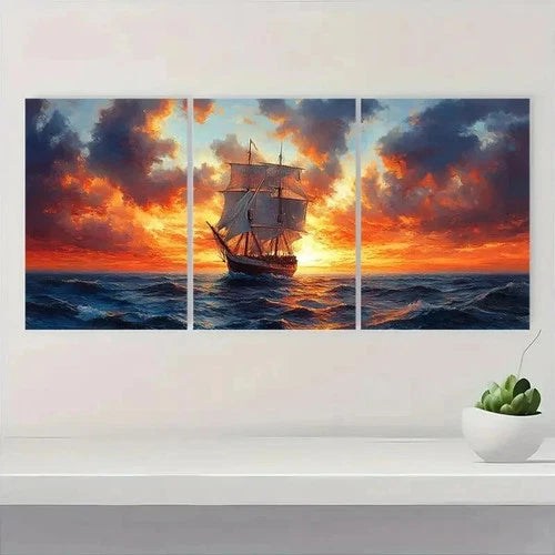 3pcs Sailboat Scenery Blue & Orange R Wall Art Set Canvas Framed 50x70cm - High Quality Print 100% Australian Made Wall Canvas Ready to Hang - Bella Home Decor