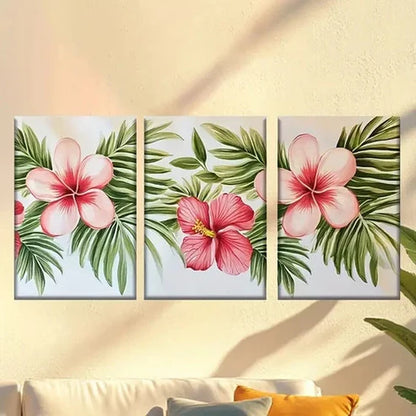 3pcs Vibrant Pink Hibiscus & Green Leaves Wall Art Canvas Unframed – High Quality Print 100% Australian Made Wall Canvas