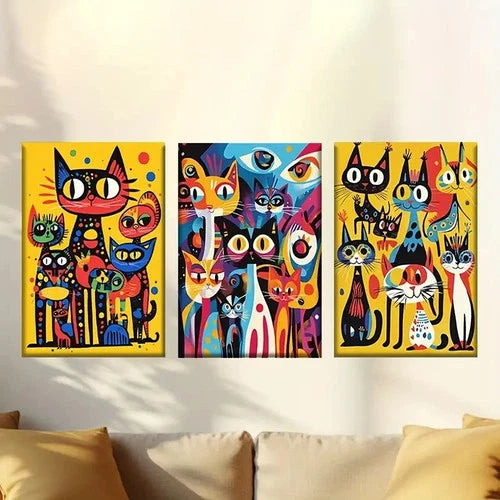 3pcs Colorful Abstract Feline Designs Wall Art Set Canvas Framed 50x70cm - High Quality Print 100% Australian Made Wall Canvas Ready to Hang - Bella Home Decor