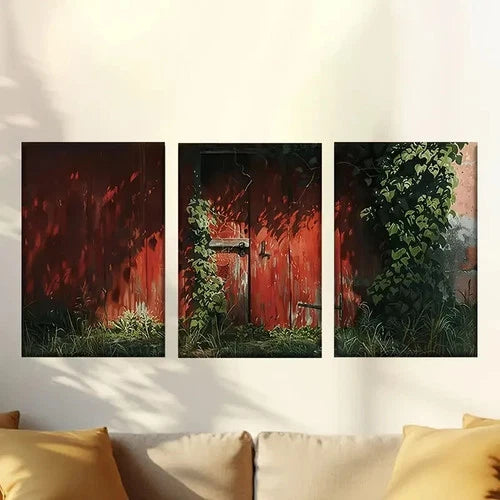3pcs Vibrant Red Door with Greenery Wall Art Set Canvas Framed 60x90cm - High Quality Print 100% Australian Made Wall Canvas Ready to Hang