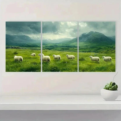 3pcs Sheep Painting Irish Landscape IK Wall Art Set Canvas Framed 60x90cm - High Quality Print 100% Australian Made Wall Canvas Ready to Hang