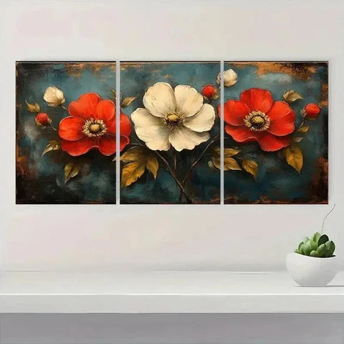 3pcs Rustic Wildflower Design in Red  Wall Art Set Canvas Unframed - High Quality Print 100% Australian Made Wall Canvas - Bella Home Decor