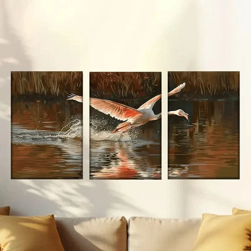 3pcs Flamingos Flying Over the Lake Wall Art Set Canvas Framed 50x70cm - High Quality Print 100% Australian Made Wall Canvas Ready to Hang