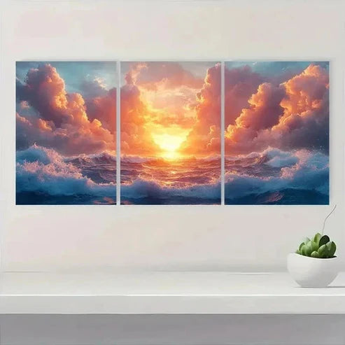 3pcs Blue Ocean Waves & Vibrant Sky  Wall Art Set Canvas Unframed - High Quality Print 100% Australian Made Wall Canvas - Bella Home Decor