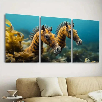 3pcs Vibrant Sea Horses Wall Art Set Canvas Framed 40x60cm - High Quality Print 100% Australian Made Wall Canvas Ready to Hang