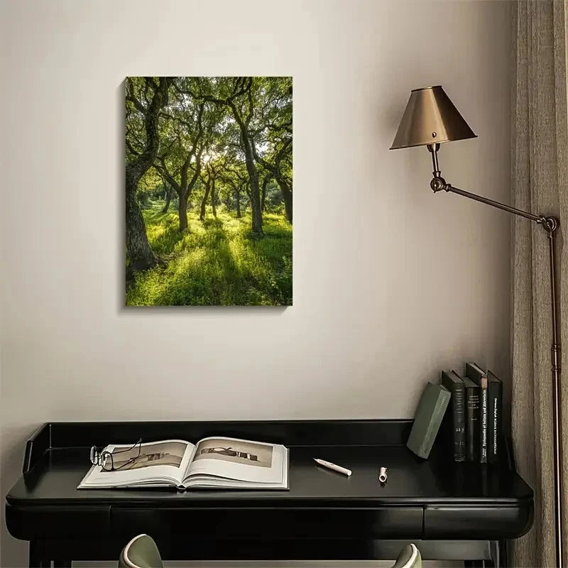 Lush Oak Forest Scene with Sunlit Trees Painting 40x60cm Metal Print Ready to Hang - Bella Home Decor