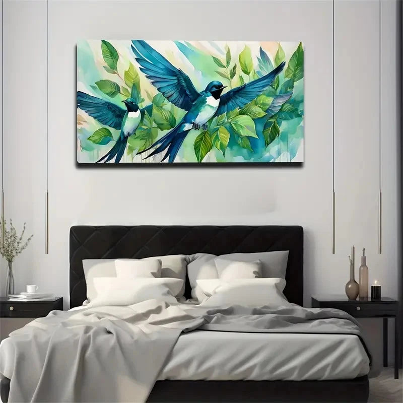 Vibrant Blue Hummingbird Style Wall Art Canvas Office Home Room Framed 120x60cm