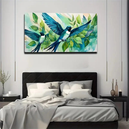 Vibrant Blue Hummingbird Style Wall Art Canvas Office Home Room Framed 120x60cm