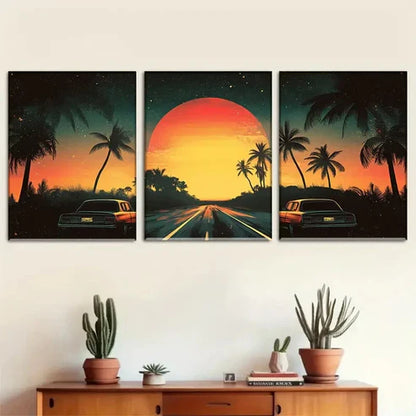 3pcs Retro Sunset Road with Palm Trees Wall Art Canvas Unframed - High Quality Print 100% Australian Made Wall Canvas