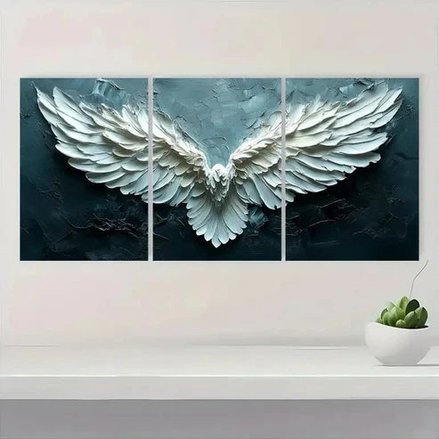 3pcs White Wings with Blue & White Feather WF Wall Art Set Canvas Unframed - High Quality Print 100% Australian Made Wall Canvas