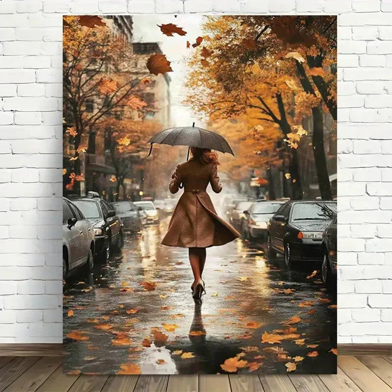 Beautiful Autumn Rain Walkers Umbrella Painting 40x60cm Metal Print Ready to Hang - Bella Home Decor