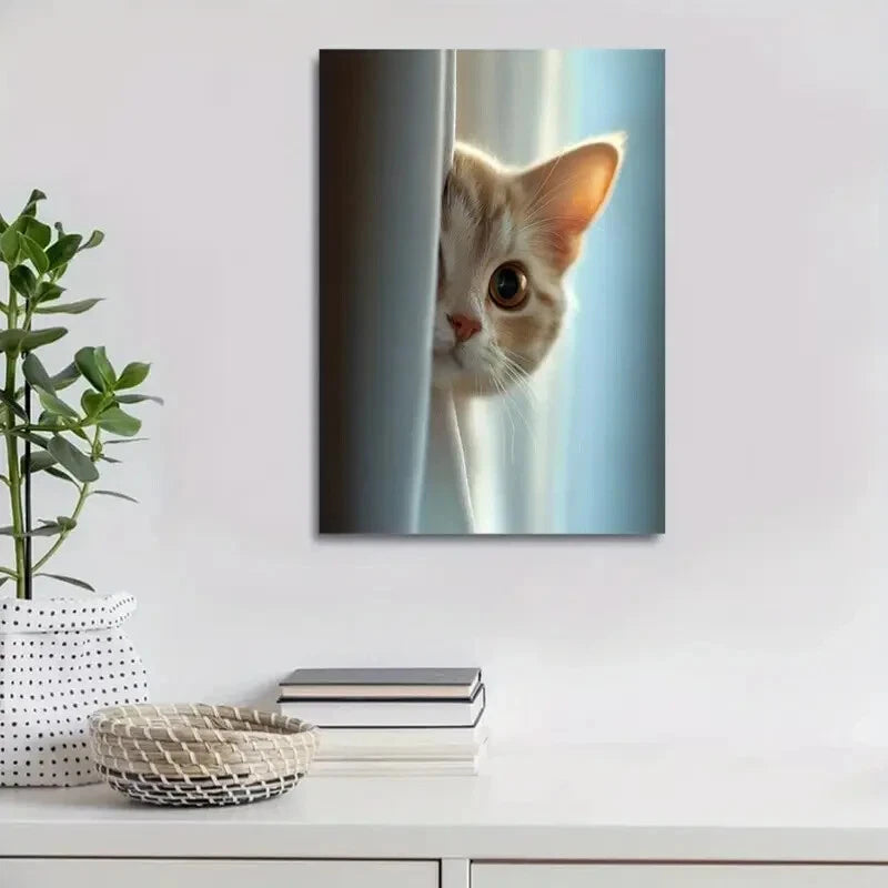 Beautiful Whimsy Woodland Cat Peek Painting 40x60cm Metal Print Ready to Hang - Bella Home Decor