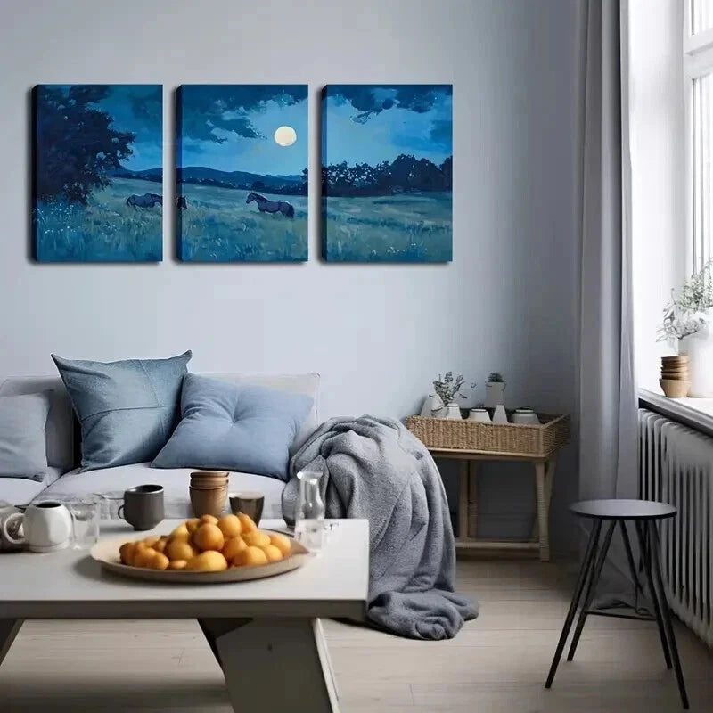 3pcs Realistic Horse and Moonlit Lands Perfect Wall Art Set Canvas Framed 60x90cm - High Quality Print 100% Australian Made Wall Canvas Ready to Hang - Bella Home Decor